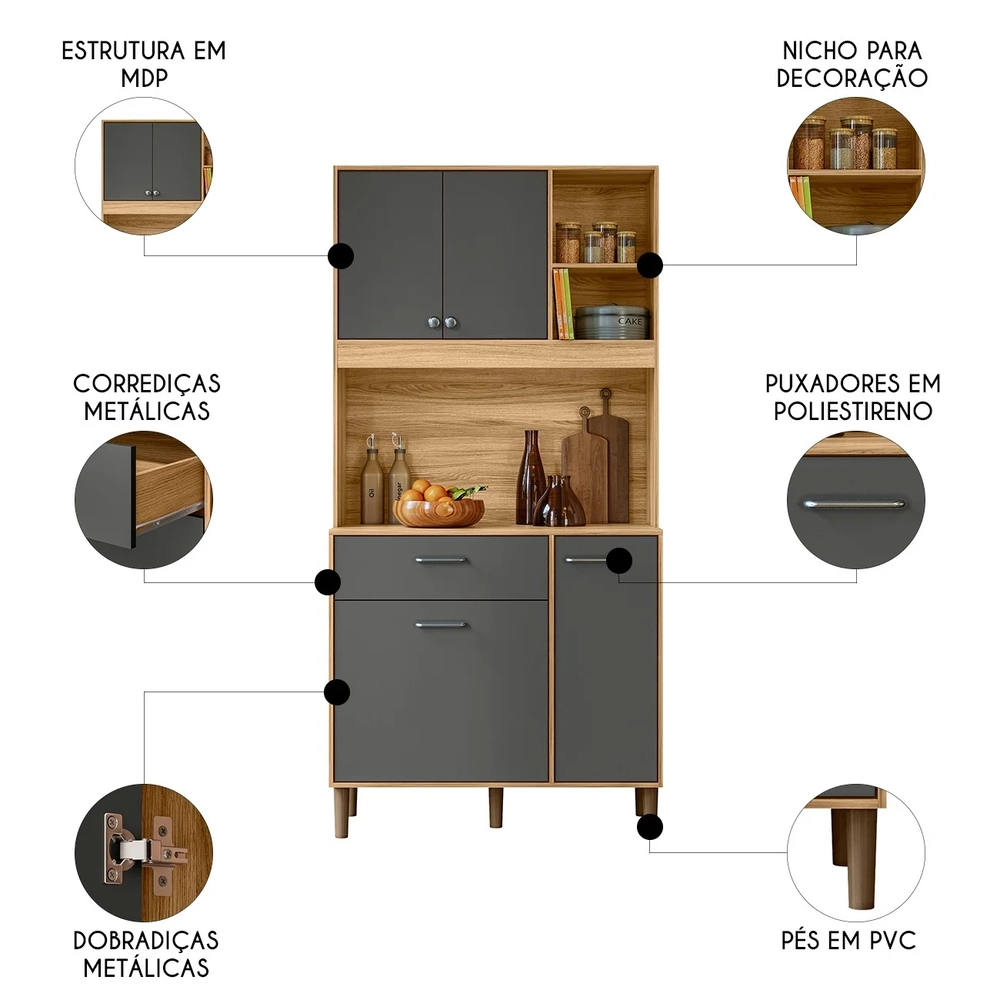 Armário de Cozinha Compacta Retrô 90cm Wallie N03 Freijó/Grafite - Mpozenato