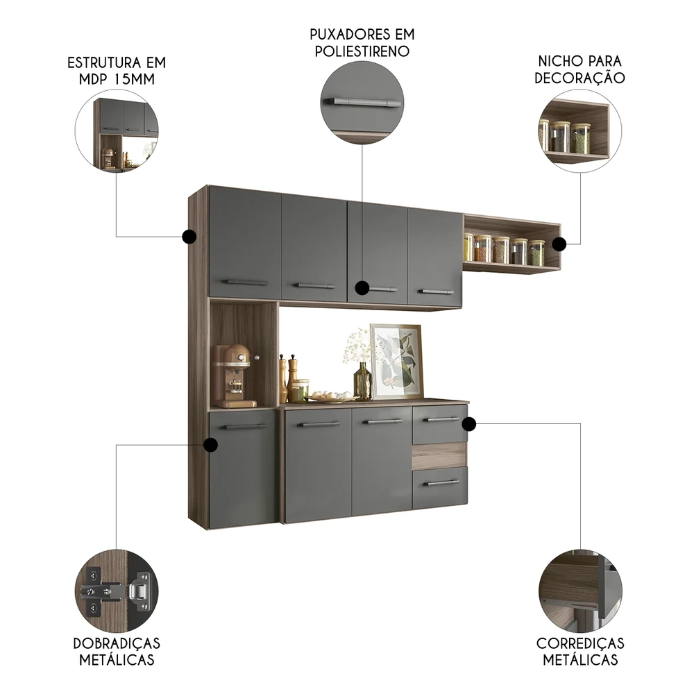 Armário de Cozinha Compacta Suspensa Jully N03 Carvalho/Grafite - Mpozenato