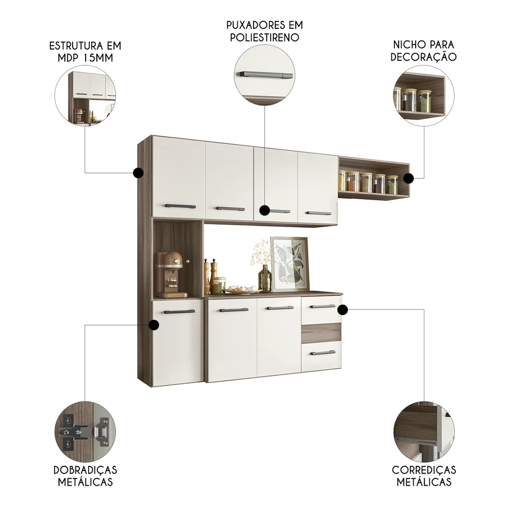 Armário de Cozinha Compacta Suspensa Jully N03 Carvalho/Off White - Mpozenato