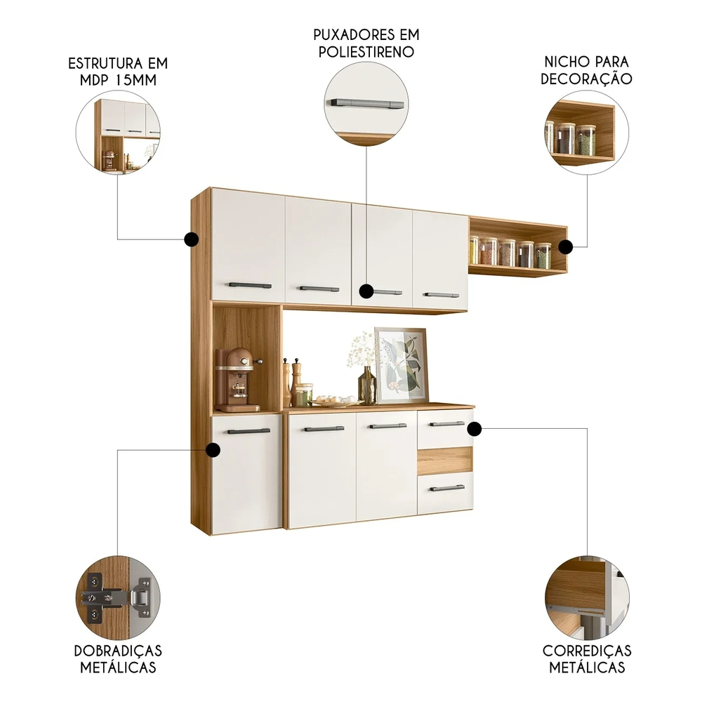 Armário de Cozinha Compacta Suspensa Jully N03 Freijó/Off White - Mpozenato