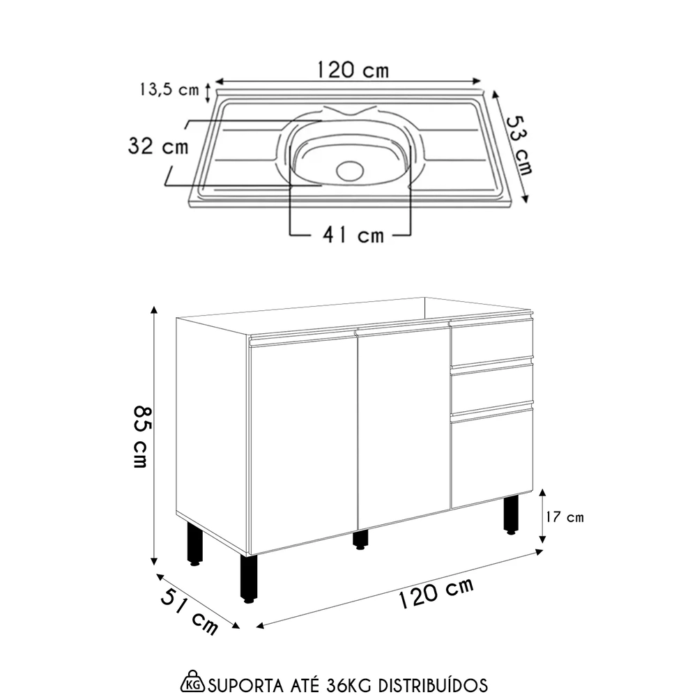 Balcão de Cozinha Com Pia Inox 120cm Maly N03 Carvalho/Off White - Mpozenato