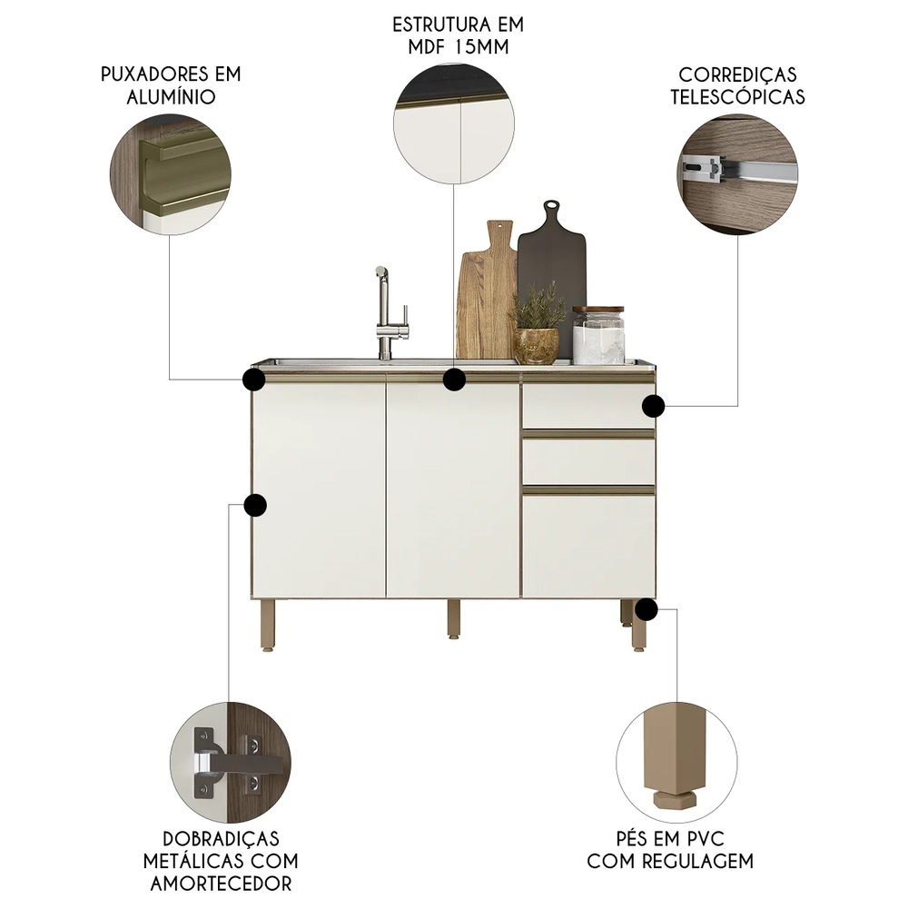 Balcão de Cozinha Com Pia Inox 120cm Maly N03 Carvalho/Off White - Mpozenato