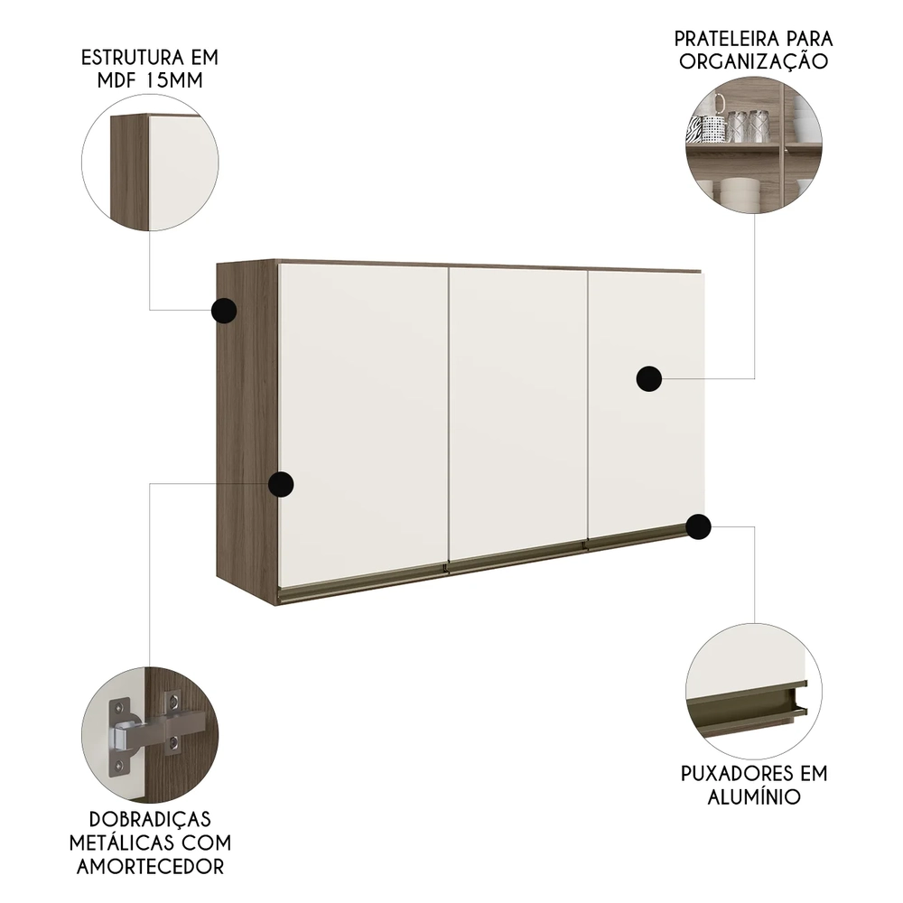 Armário de Cozinha Aéreo 120cm Maly N03 Carvalho/Off White - Mpozenato