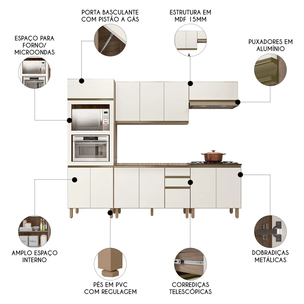 Armário de Cozinha 5 Peças Sem Tampo Jany N03 Carvalho/Off - Mpozenato