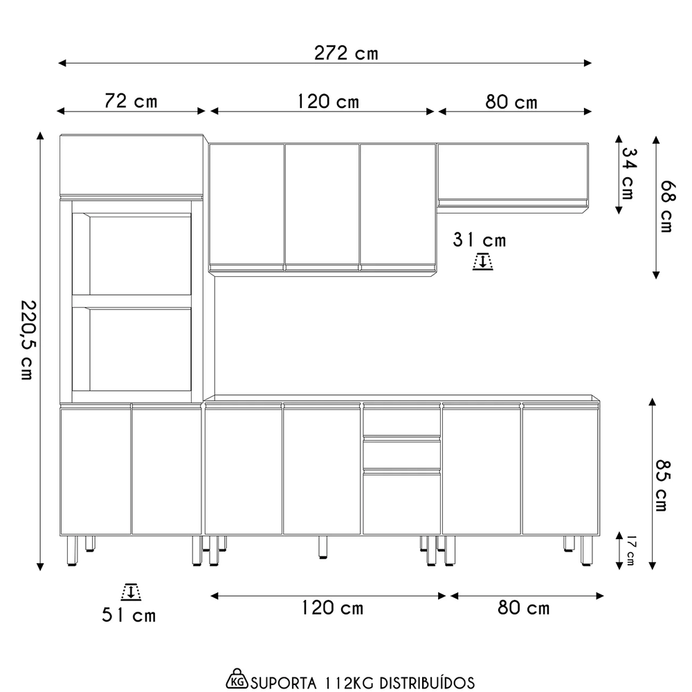 Armário de Cozinha 5 Peças Sem Tampo Jany N03 Carvalho/Off - Mpozenato