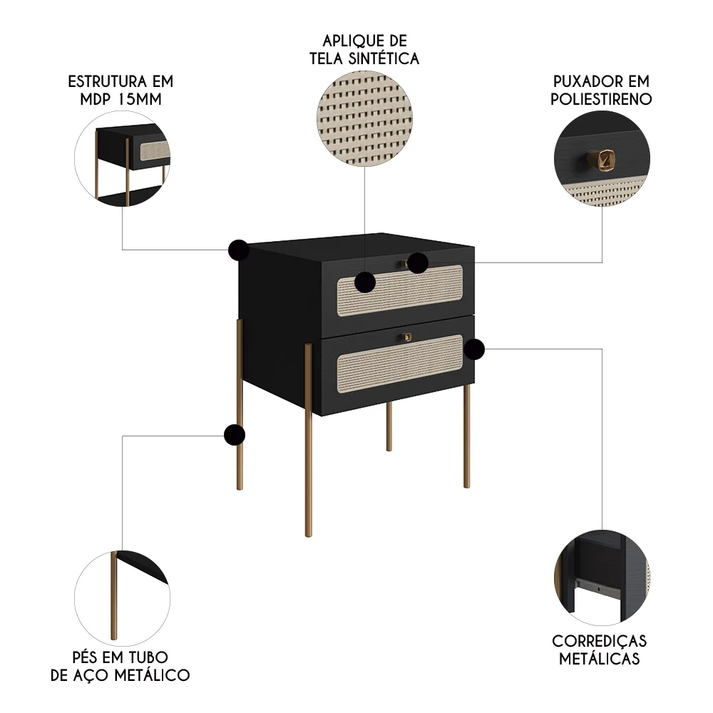 Mesa de Cabeceira Com 2 Gavetas Pé Metal Arlo A10 Nero/Dourado - Mpozenato