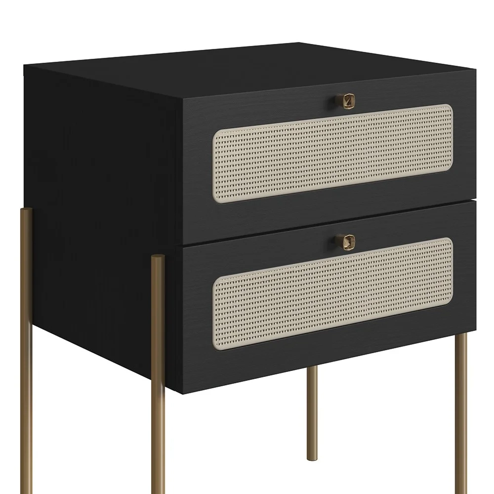 Mesa de Cabeceira Com 2 Gavetas Pé Metal Arlo A10 Nero/Dourado - Mpozenato