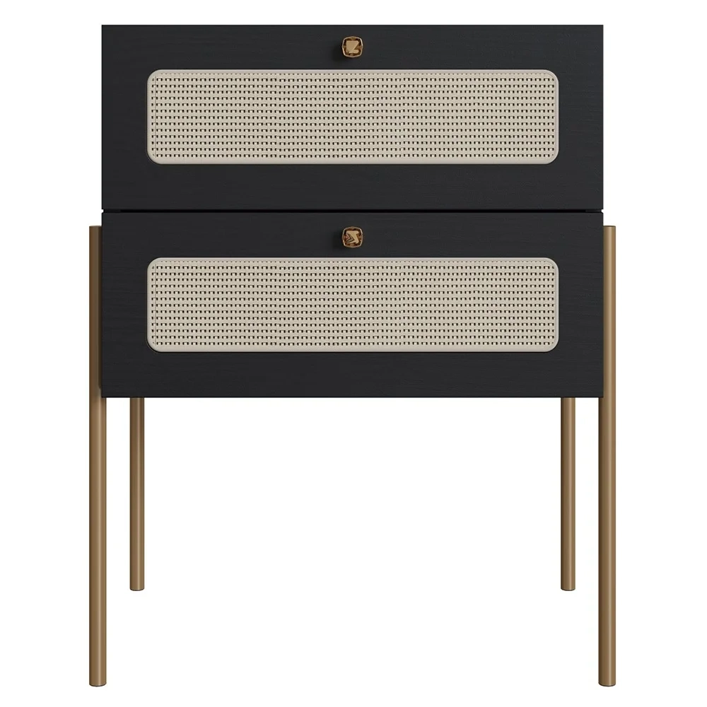 Mesa de Cabeceira Com 2 Gavetas Pé Metal Arlo A10 Nero/Dourado - Mpozenato