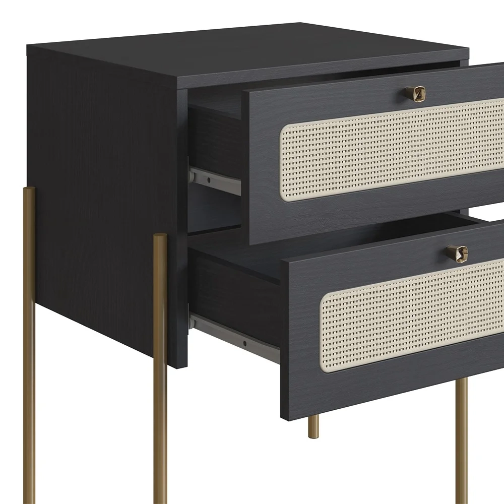 Mesa de Cabeceira Com 2 Gavetas Pé Metal Arlo A10 Nero/Dourado - Mpozenato