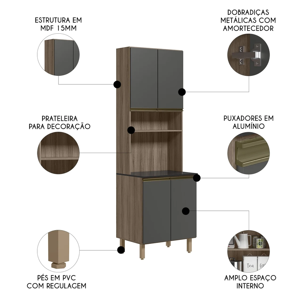 Paneleiro de Cozinha Para Micro-ondas Maly N03 Carvalho/Grafite - Mpozenato