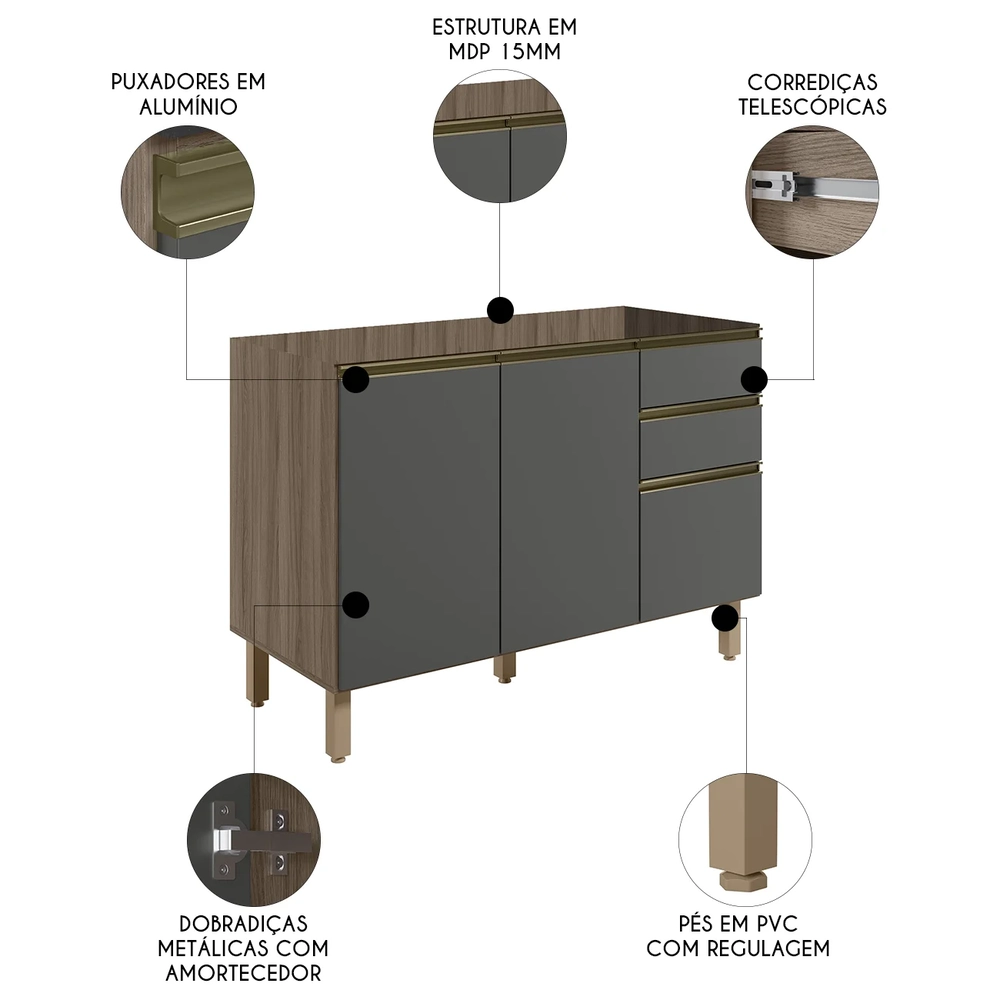 Balcão Para Pia 120cm Sem Tampo Maly N03 Carvalho/Grafite - Mpozenato