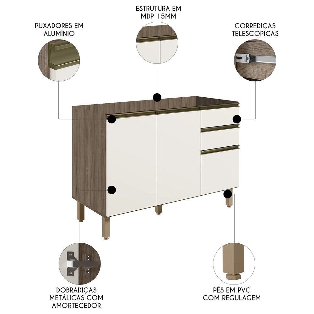 Balcão Para Pia 120cm Sem Tampo Maly N03 Carvalho/Off White - Mpozenato