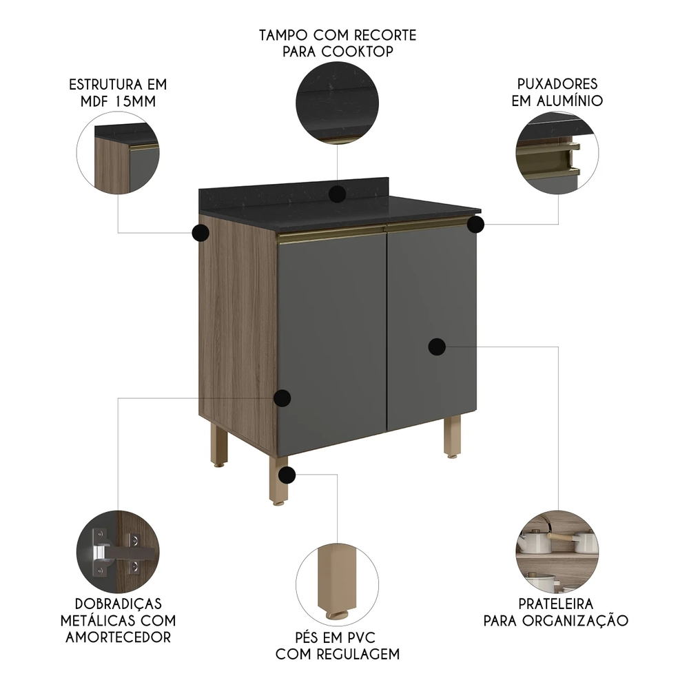 Balcão para Cooktop Com Tampo 80cm Maly N03 Carvalho/Grafite - Mpozenato