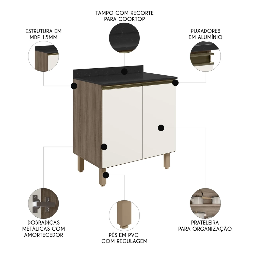 Balcão para Cooktop Com Tampo 80cm Maly N03 Carvalho/Off White - Mpozenato