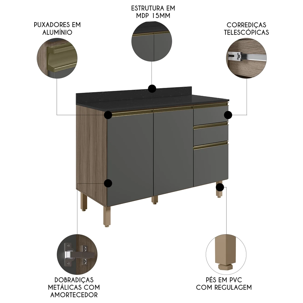 Balcão de Cozinha Com Tampo 120cm Maly N03 Carvalho/Grafite - Mpozenato