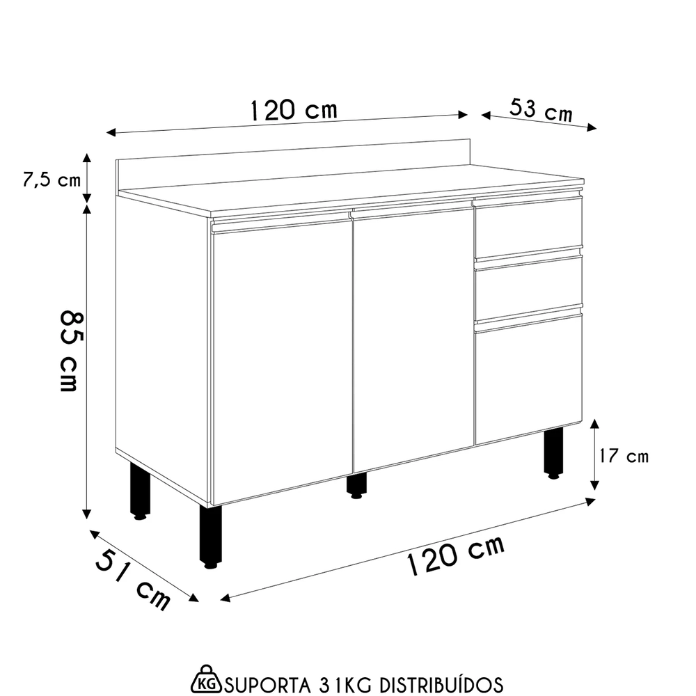 Balcão de Cozinha Com Tampo 120cm Maly N03 Carvalho/Off White - Mpozenato