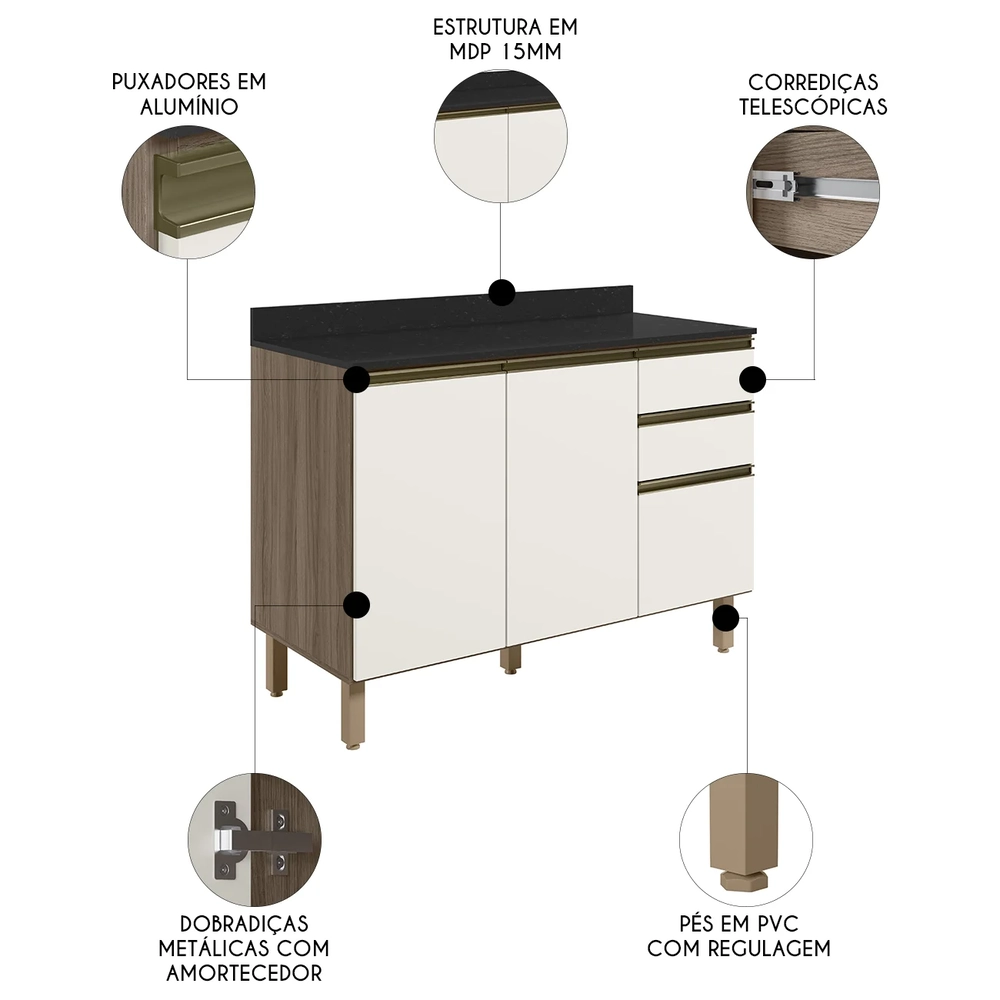 Balcão de Cozinha Com Tampo 120cm Maly N03 Carvalho/Off White - Mpozenato