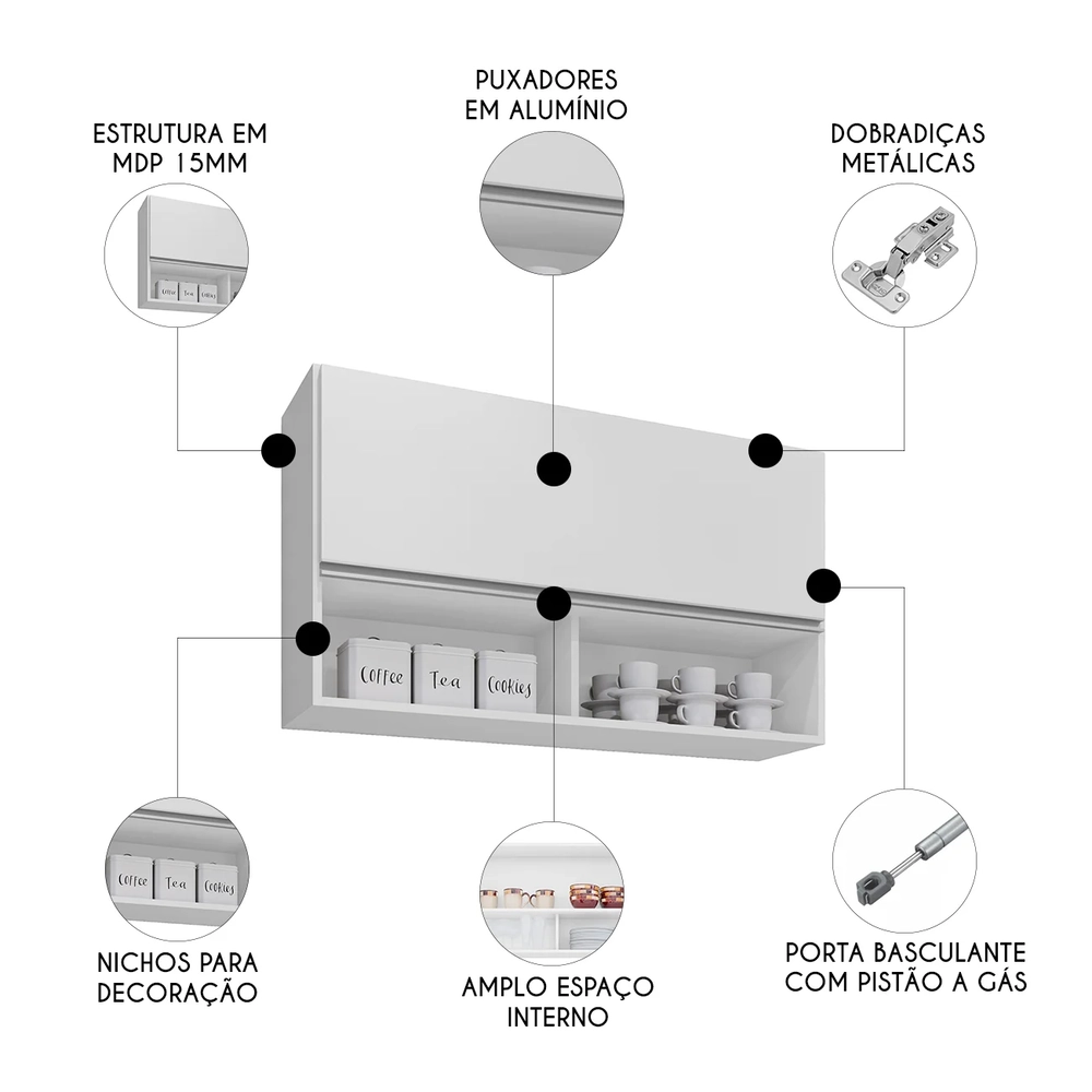 Armário de Cozinha Aéreo 100cm Basculante Mia Z34 Branco  - Mpozenato
