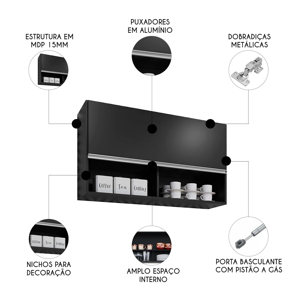 Armário de Cozinha Aéreo 100cm Basculante Mia Z34 Preto   - Mpozenato
