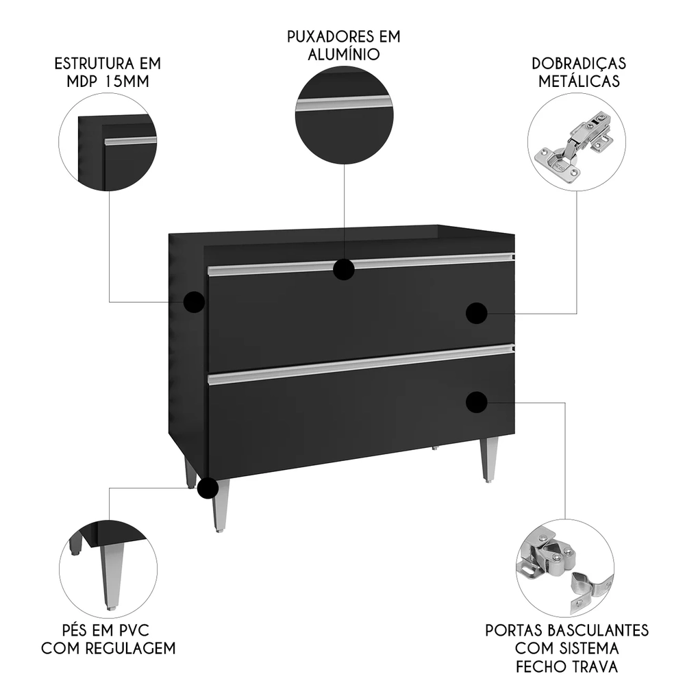Balcão de Cozinha Para Pia 100cm Sem Tampo Julia Z34 Preto  - Mpozenato