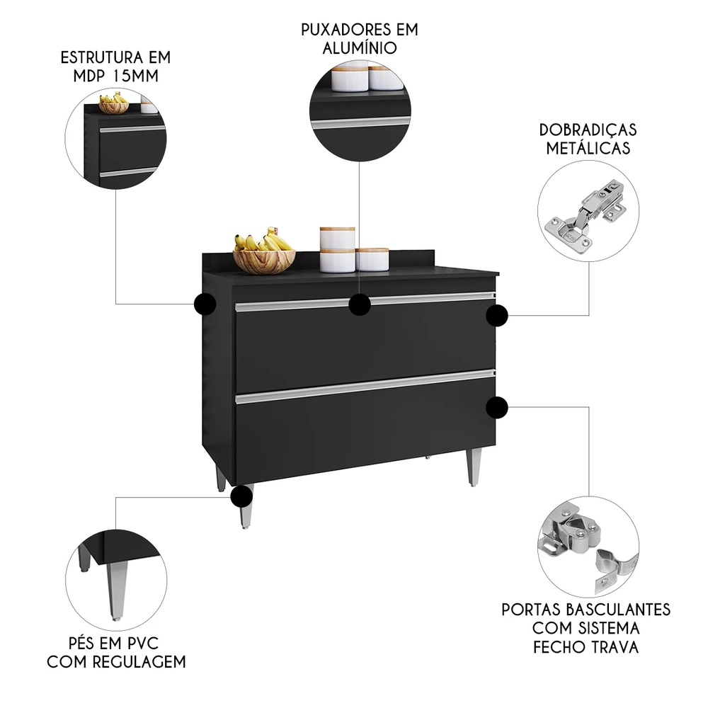 Balcão de Cozinha Com Tampo 100cm 2 Portas Julia Z34 Preto  - Mpozenato