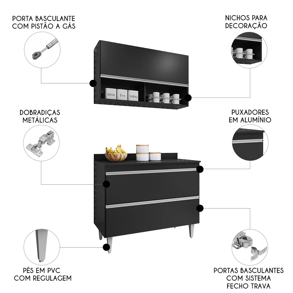 Armário de Cozinha Com Nichos CP01 Para Pia 100cm Z34 Preto - Mpozenato