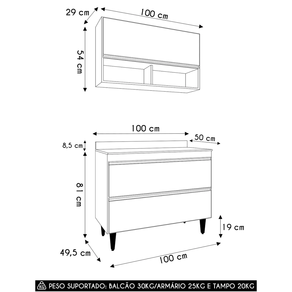 Armário de Cozinha Com Nichos CP01 Com Tampo 100cm Z34 Branco - Mpozenato