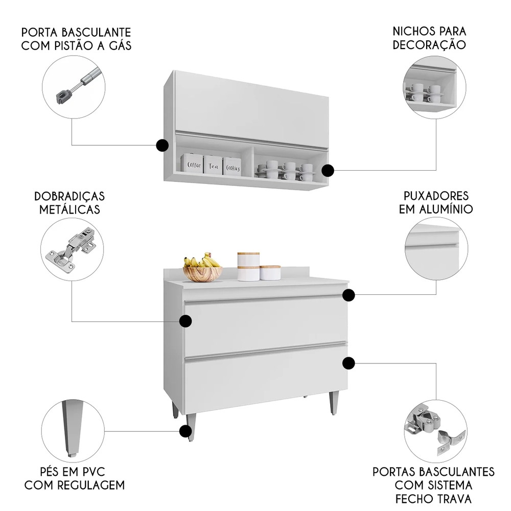 Armário de Cozinha Com Nichos CP01 Com Tampo 100cm Z34 Branco - Mpozenato