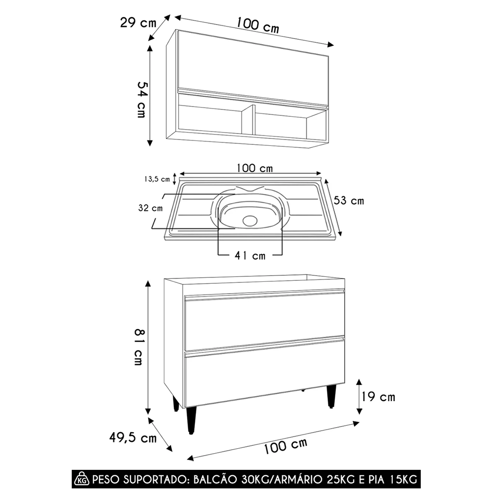 Armário de Cozinha Com Nichos CP01 Com Pia 100cm Z34 Branco - Mpozenato