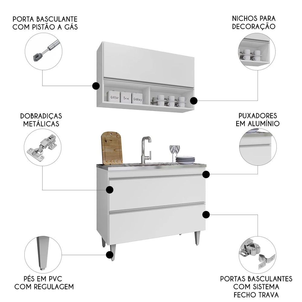 Armário de Cozinha Com Nichos CP01 Com Pia 100cm Z34 Branco - Mpozenato