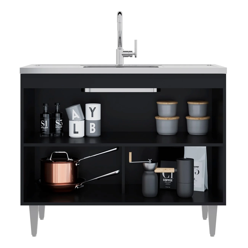 Balcão de Cozinha Com Pia Inox 100cm Julia Z34 Preto        - Mpozenato