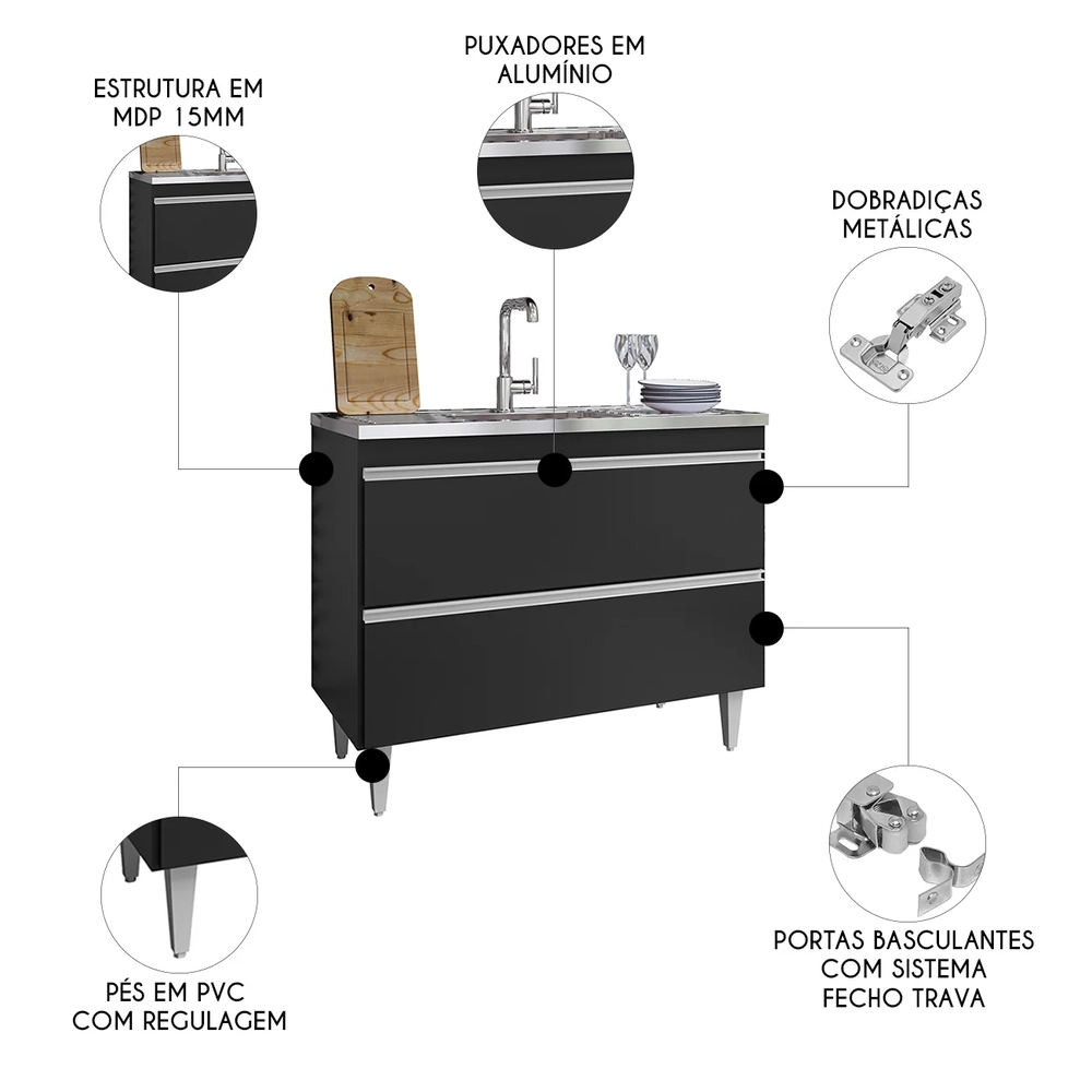 Balcão de Cozinha Com Pia Inox 100cm Julia Z34 Preto        - Mpozenato