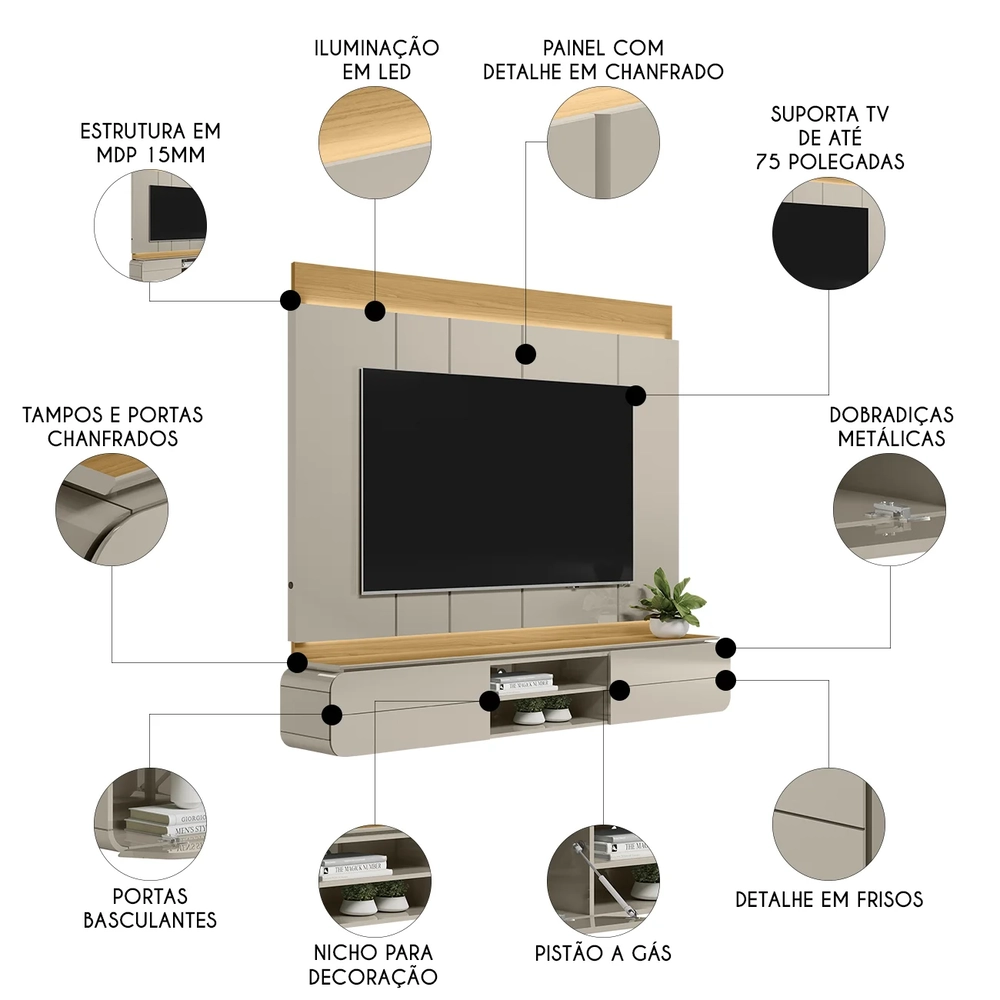Painel Para TV Suspenso 75 Pol 200cm Macau L06 Tauari/Off - Mpozenato