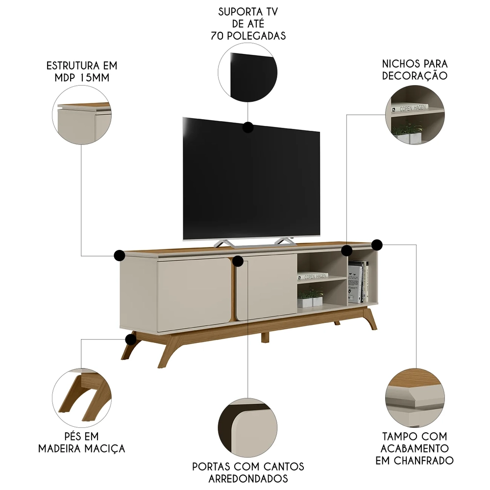 Rack Para Sala de TV 70 Polegadas 200cm Nice L06 Nature/Off - Mpozenato