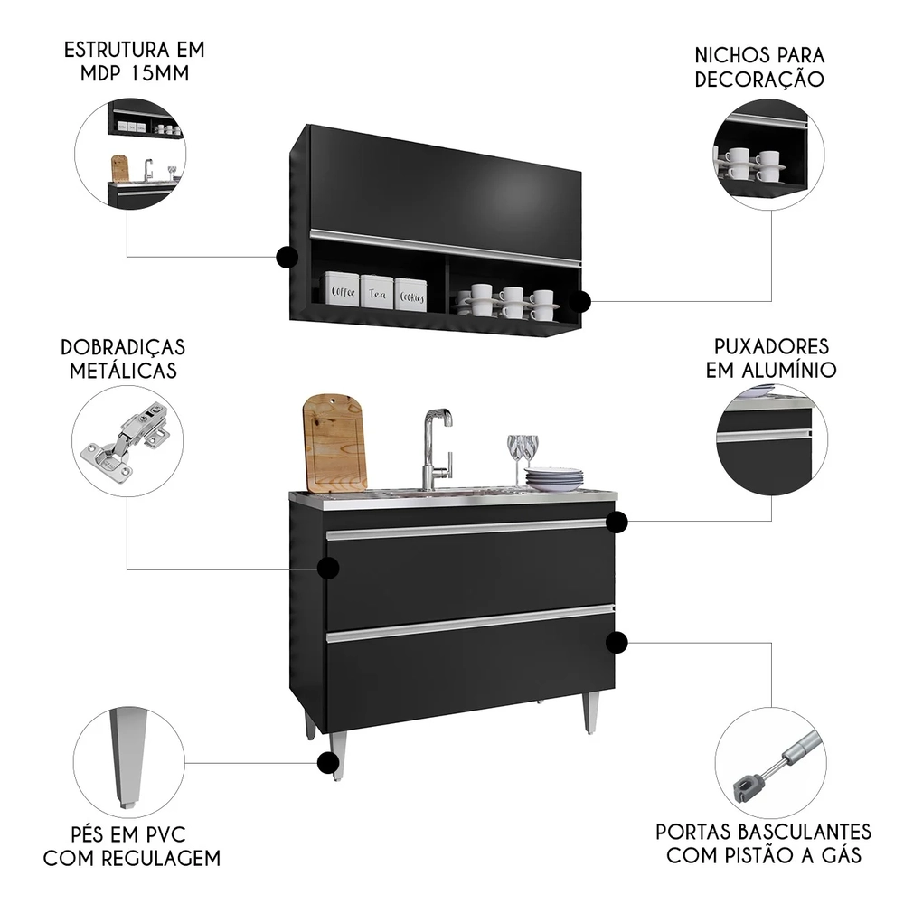 Armário de Cozinha Com Nichos CP01 Com Pia 100cm Z34 Preto  - Mpozenato
