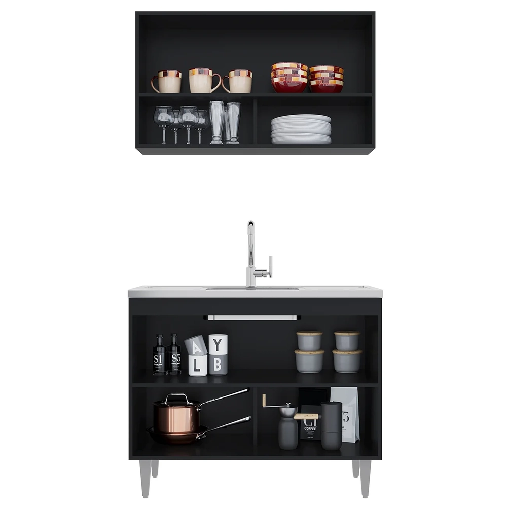 Armário de Cozinha Com Nichos CP01 Com Pia 100cm Z34 Preto  - Mpozenato