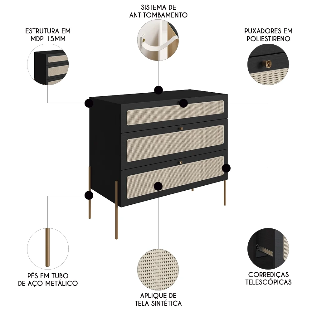 Cômoda Para Quarto 3 Gavetas Pé Metal Arlo A10 Nero/Dourado - Mpozenato