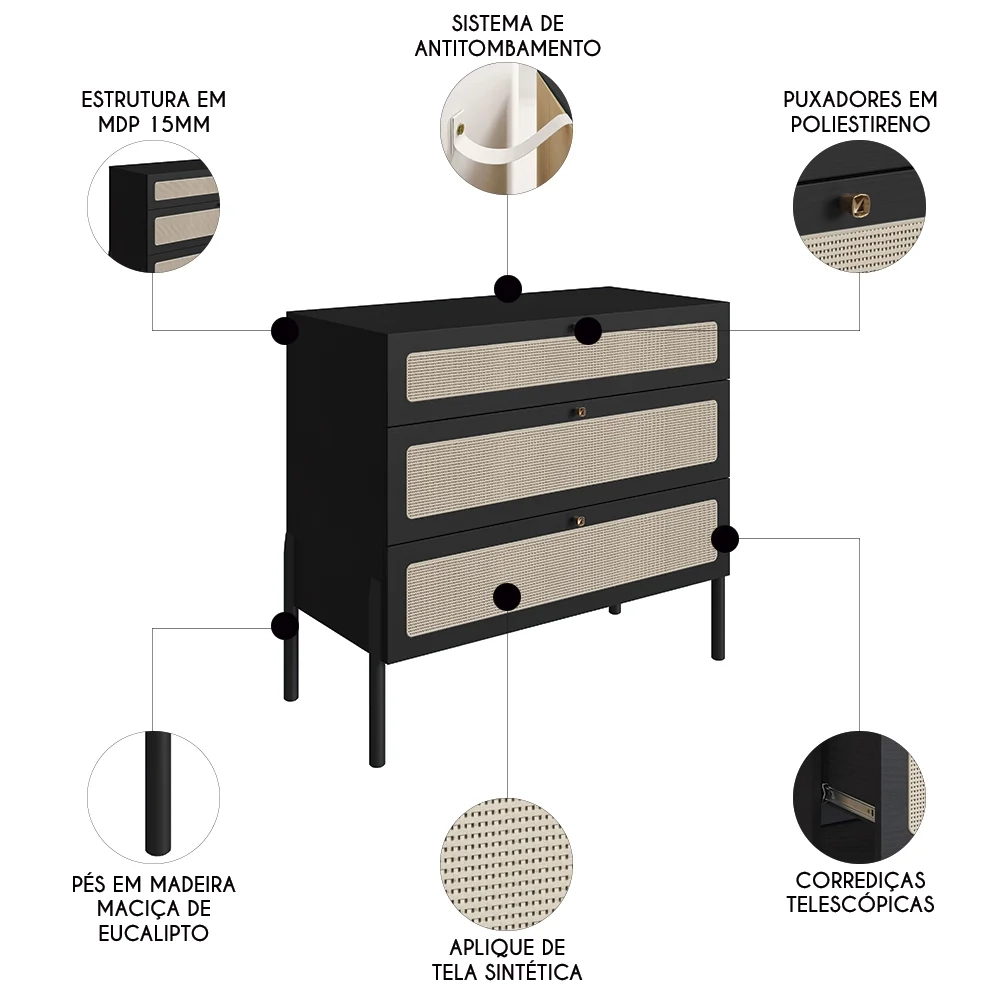 Cômoda Para Quarto 3 Gavetas Pés Madeira Arlo A10 Nero/Preto - Mpozenato