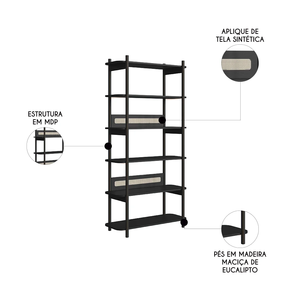 Mesa Escrivaninha e Estante Pés Madeira Arlo A10 Nero/Preto - Mpozenato