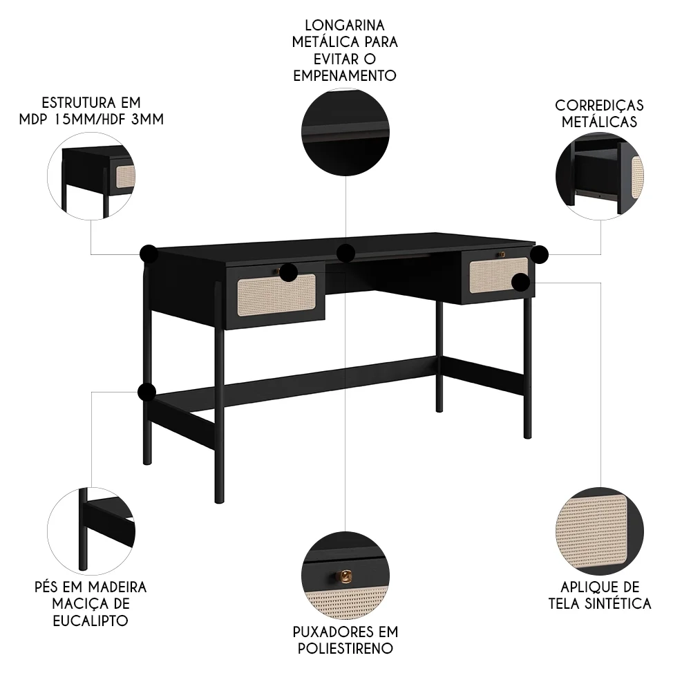 Mesa Escrivaninha e Estante Pés Madeira Arlo A10 Nero/Preto - Mpozenato
