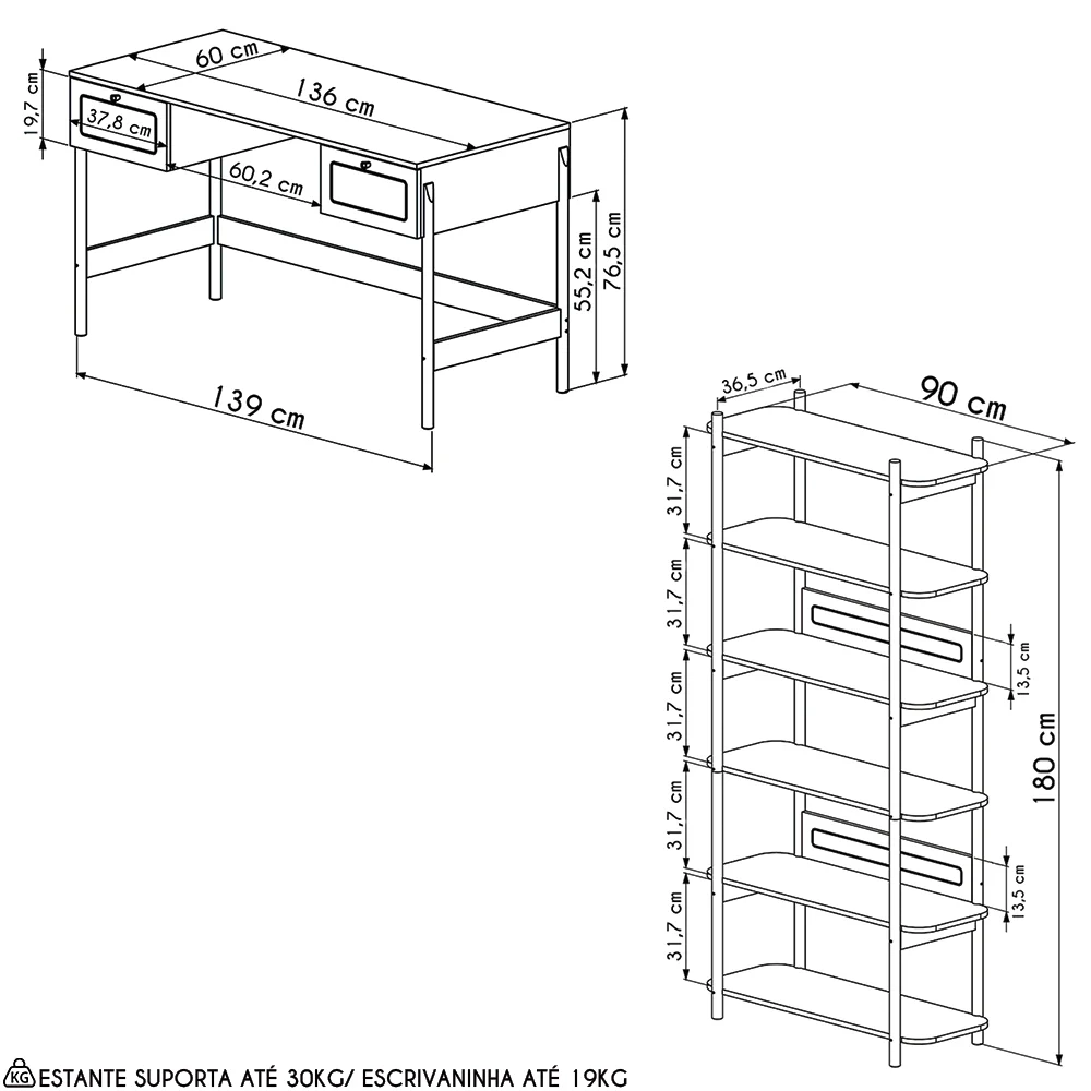 Mesa Escrivaninha e Estante Pés Madeira Arlo A10 Nero/Preto - Mpozenato