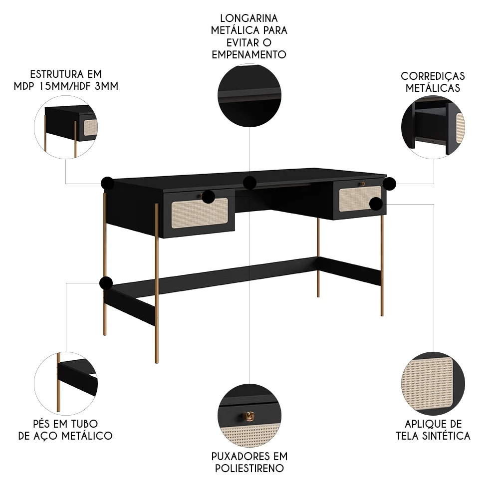 Mesa Escrivaninha e Estante Pé Metal Arlo A10 Nero/Dourado - Mpozenato