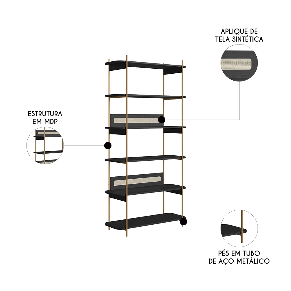 Mesa Escrivaninha e Estante Pé Metal Arlo A10 Nero/Dourado - Mpozenato