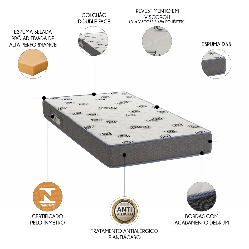 Colchão Solteiro Light Bordado Espuma D33 Selada 88x188x14cm - Ortobom