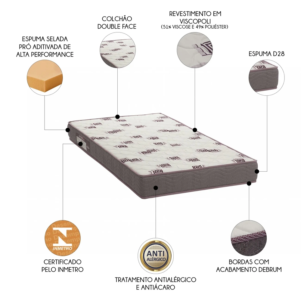 Colchão Solteiro Light Bordado Espuma D28 Selada 78x188x14cm - Ortobom