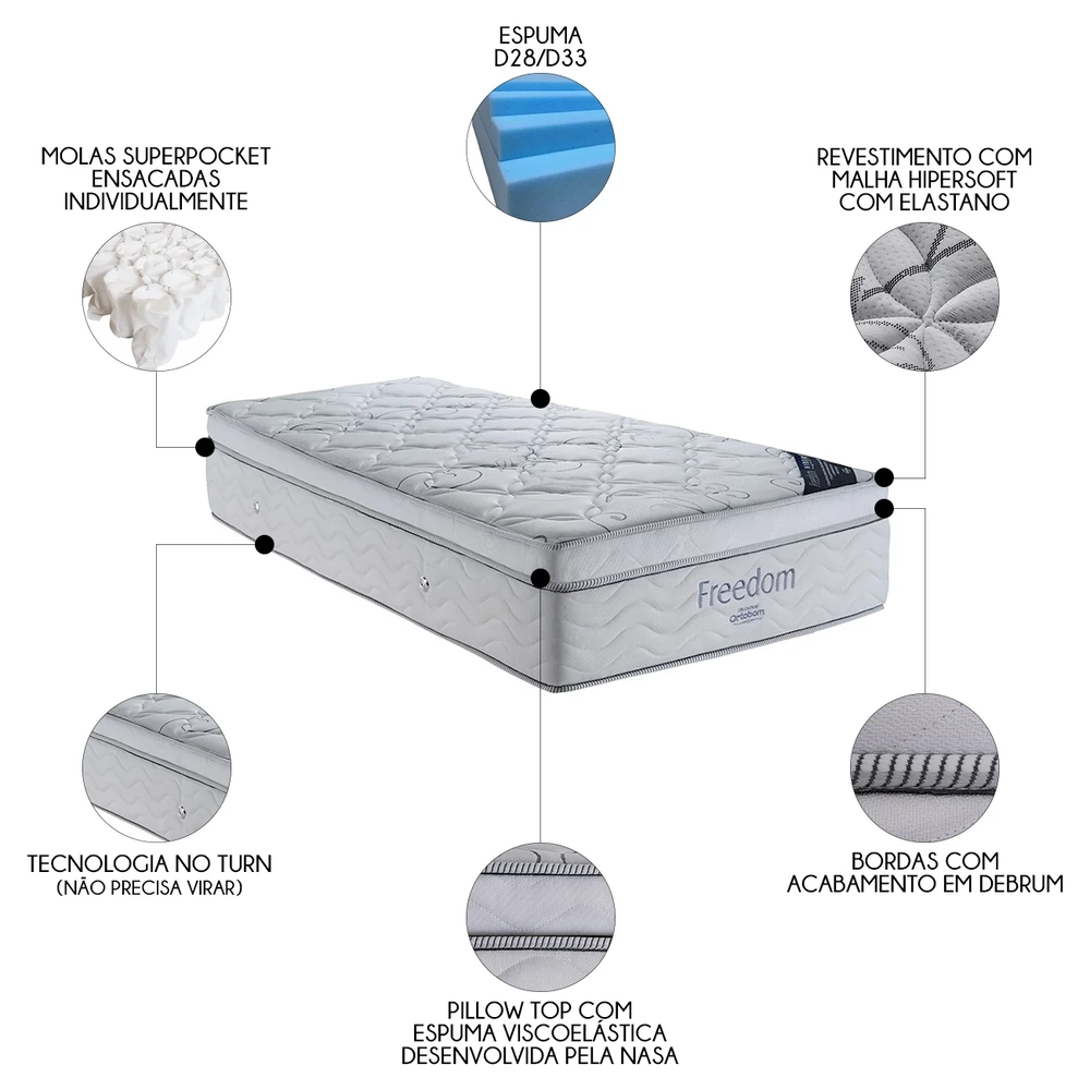Colchão Solteiro Freedom Molas Ensacadas Pillow 88x188x32cm  - Ortobom