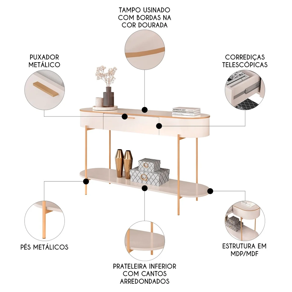 Aparador de Sala Pés Metálicos 135cm Jaspe D04 Off White - Mpozenato