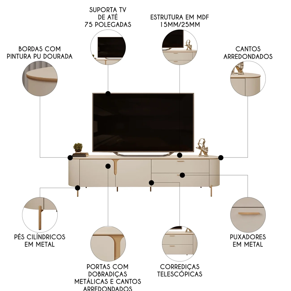 Rack Bancada de TV 75 Pol 241cm Celi D04 Off White - Mpozenato