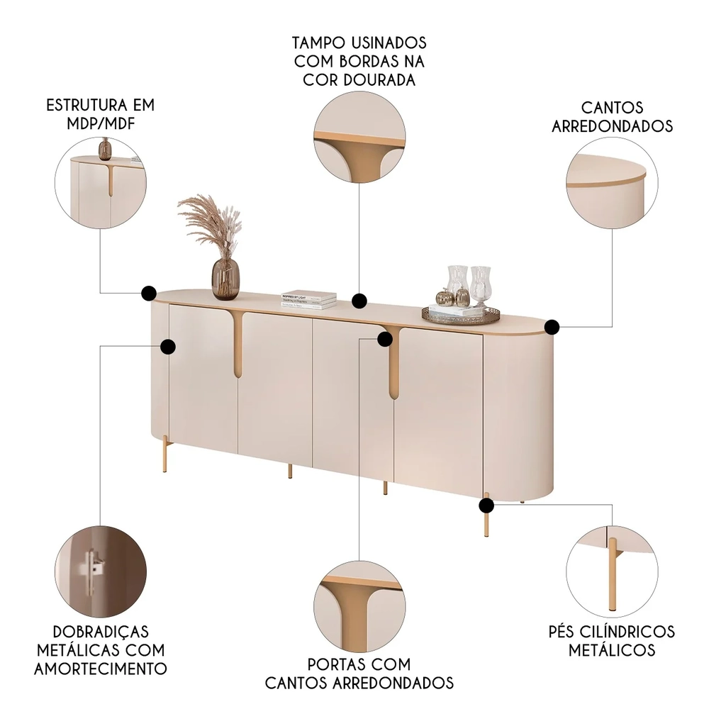Buffet Aparador Para Sala 4 Portas 196cm Lena D04 Off White - Mpozenato