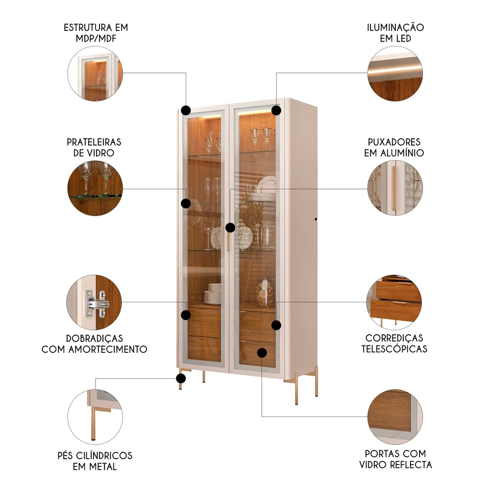 Cristaleira Portas de Vidro Com LED Amelia 80cm D04 Freijó/Off - Mpozenato